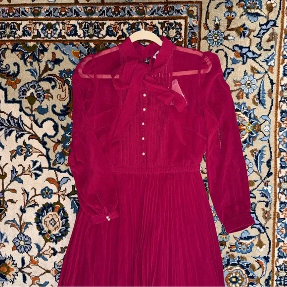 NWT Self-Portrait Hot Pink Tie-Neck Pleated Chiffon Midi Dress w/ Pearls Sz 8